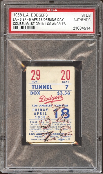 1958 Los Angeles Dodgers Ticket Stub Opening Day First Game in Los Angeles PSA AUTHENTIC