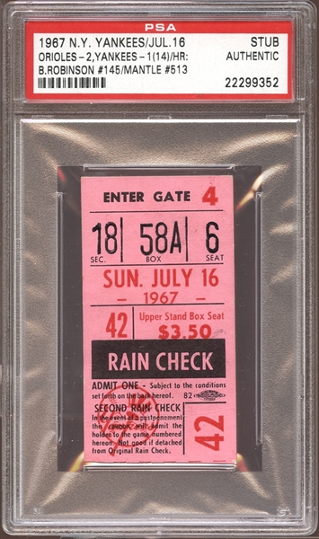 1967 New York Yankees Ticket Stub Mickey Mantle Home Run #513