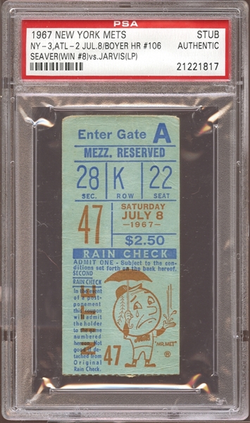 1967 New York Mets Ticket Stub Tom Seaver Win #8 PSA AUTHENTIC
