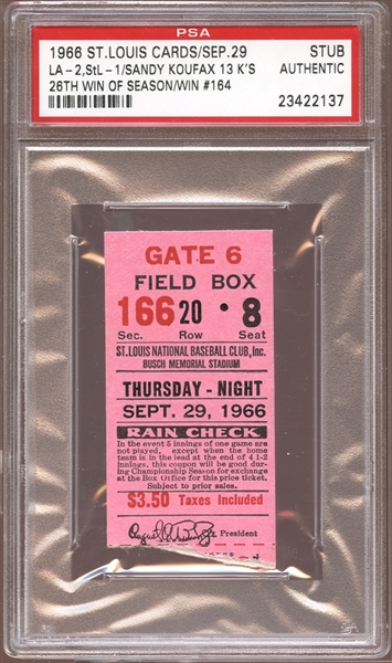 1966 St. Louis Cardinals Ticket Stub Sandy Koufax 26th Win of Season PSA AUTHENTIC