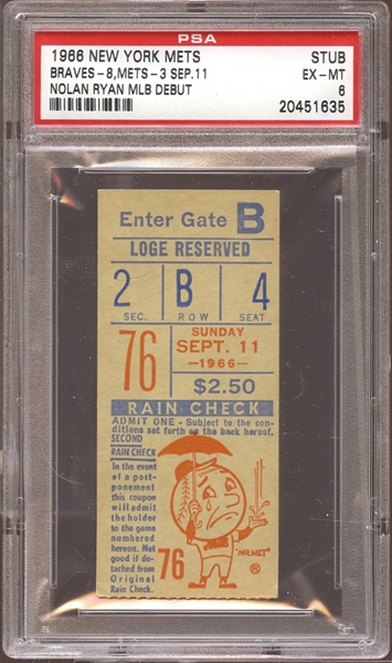 1966 New York Mets Ticket Stub Nolan Ryan MLB Debut PSA 6 EX/MT