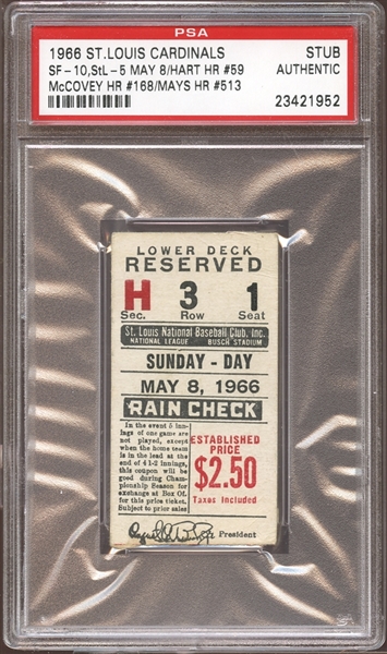 1966 St. Louis Cardinals Ticket Stub Willie Mays Home Run #513 PSA AUTHENTIC