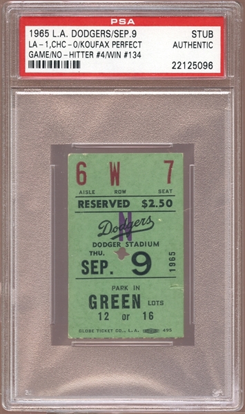 1965 Los Angeles Dodgers Ticket Stub Sandy Koufax Perfect Game PSA AUTHENTIC