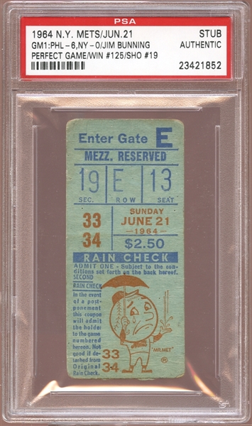 1964 New York Mets Ticket Stub Jim Bunning Perfect Game PSA AUTHENTIC