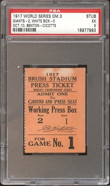 1917 World Series Game 3 Ticket Stub PSA 5 EX 