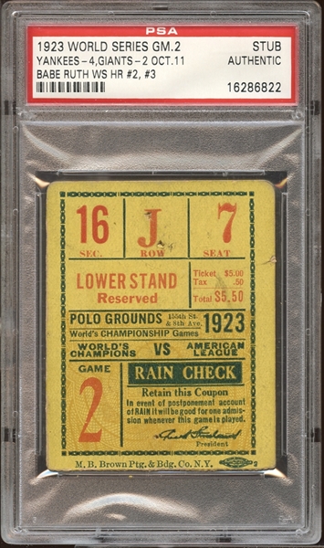 1923 World Series Game 2 Ticket Stub Babe Ruth World Series Home Runs #2 and 3 PSA AUTHENTIC