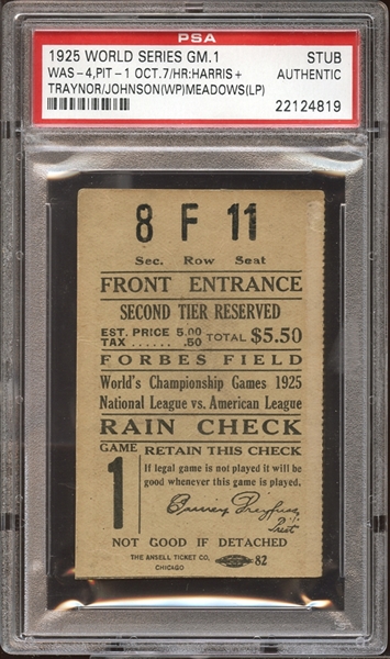 1925 World Series Game 1 Ticket Stub PSA AUTHENTIC