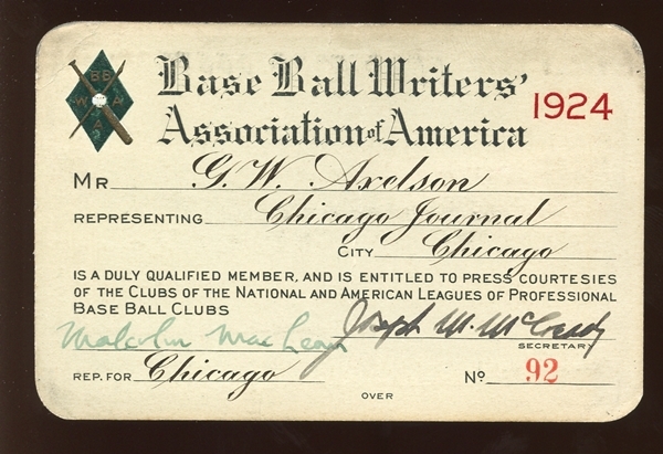 1924 BBWAA Season Pass