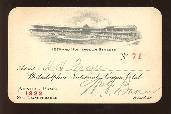 1922 Philadelphia Phillies Baker Bowl Season Pass Belonging to Harry Frazee