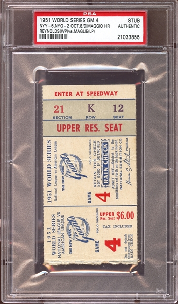 1951 World Series Game 4 Ticket Stub Joe DiMaggio Home Run PSA AUTHENTIC
