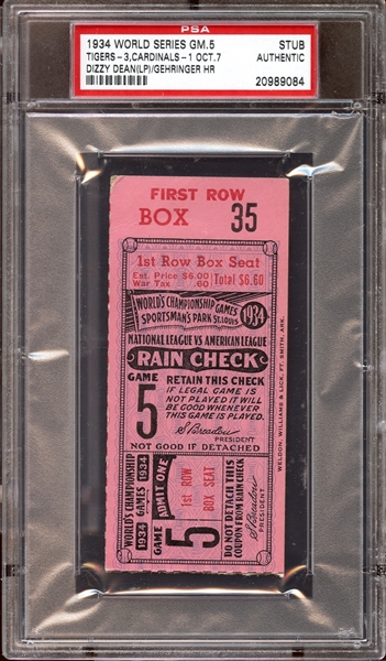 1934 World Series Game 5 Ticket Stub Charlie Gehringer Home Run PSA AUTHENTIC