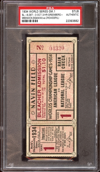 1934 World Series Game 1 Ticket Stub Hank Greenberg and Joe Medwick Home Runs PSA AUTHENTIC