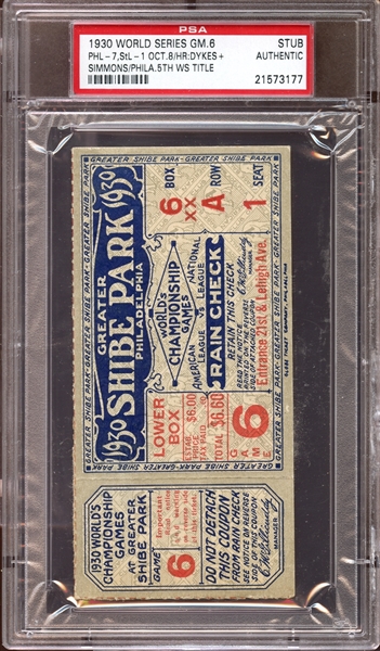 1930 World Series Game 6 Ticket Stub PSA AUTHENTIC