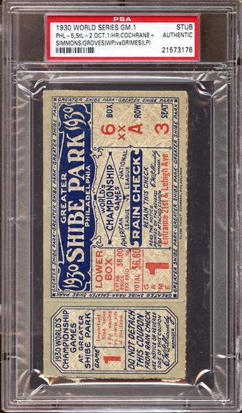 1930 World Series Game 1 Ticket Stub Mickey Cochrane and Al Simmons Home Runs PSA AUTHENTIC