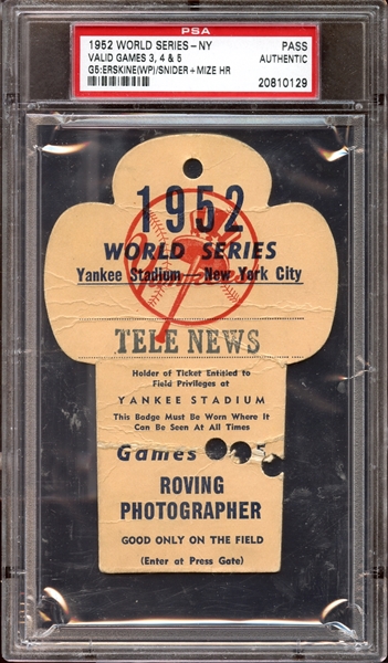 1952 Yankee Stadium World Series Press Pass PSA AUTHENTIC
