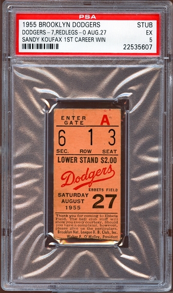 1955 Brooklyn Dodgers Ticket Stub Sandy Koufax 1st Career Win PSA 5 EX