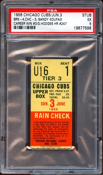 1956 Chicago Cubs Ticket Stub Sandy Koufax Career Win #3 PSA 5 EX