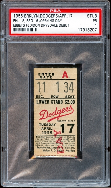 1956 Brooklyn Dodgers Ticket Stub Don Drysdale MLB Debut PSA 1 PR