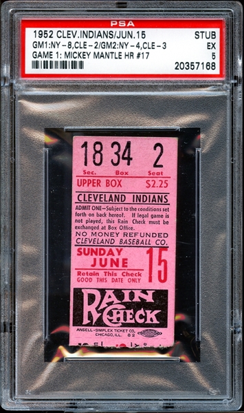 1952 Cleveland Indians Ticket Stub Mickey Mantle Home Run #17 PSA 5 EX