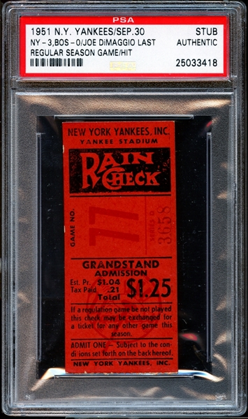 1951 New York Yankees Ticket Stub Joe DiMaggio Last Regular Season Game and Hit PSA AUTHENTIC