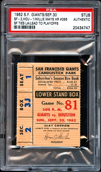 1962 San Francisco Giants Ticket Stub Willie Mays Home Run #366 PSA AUTHENTIC