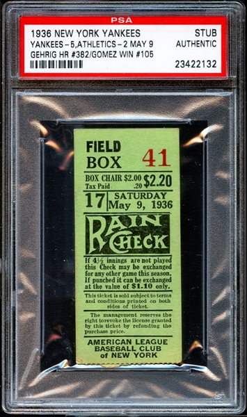 1936 New York Yankees Ticket Stub Lou Gehrig Home Run #382 PSA AUTHENTIC