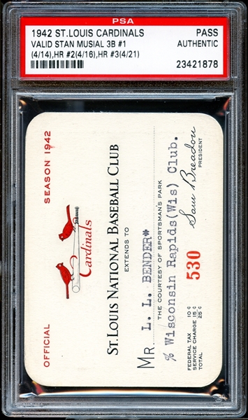1942 St. Louis Cardinals Sportsmans Park Season Pass PSA AUTHENTIC