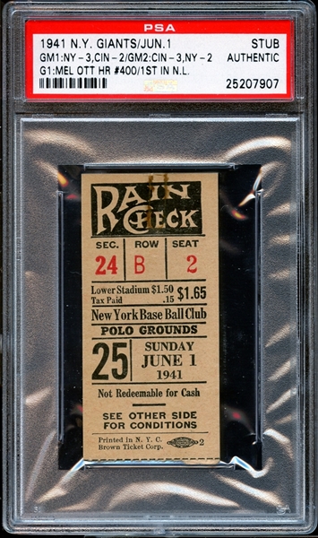 1941 New York Giants Ticket Stub Mel Ott Career Home Run #400 PSA AUTHENTIC
