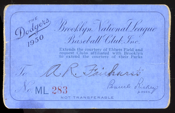1950 Brooklyn Dodgers Ebbets Field Season Pass