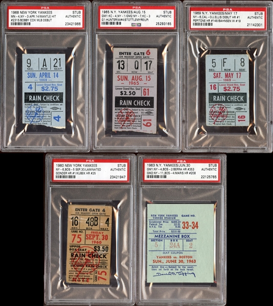 1960s New York Yankees Prominent Ticket Stub Collection of (5) All PSA AUTHENTIC