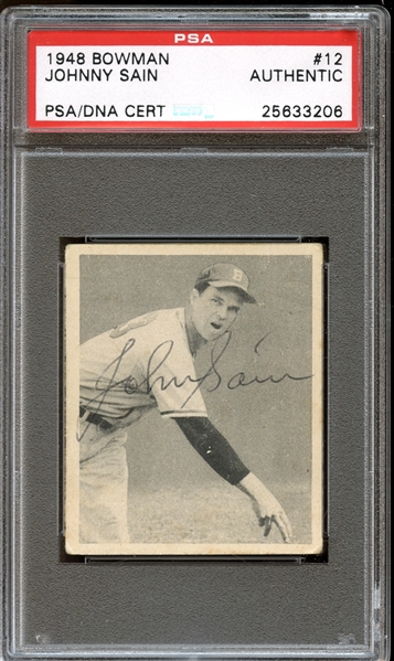 1948 Bowman #12 Johnny Sain Autographed PSA/DNA AUTHENTIC