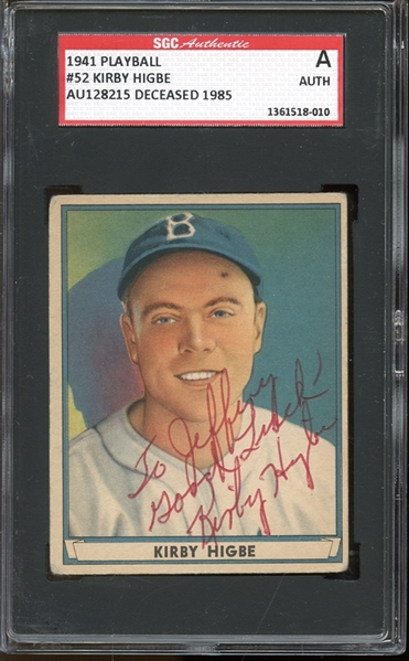 1941 Play Ball #52 Kirby Higbe Autographed SGC AUTHENTIC 