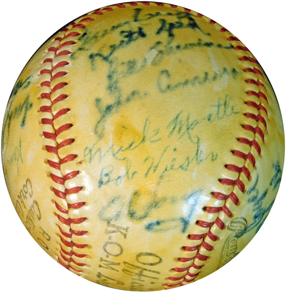 Amazing 1949 Independence Yankees Team-Signed Official K.O.M. League Baseball Featuring "Mick" Mantle PSA/DNA, JSA