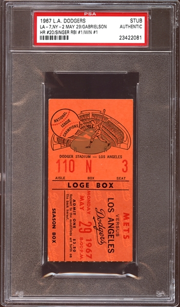 1967 Los Angeles Dodgers Ticket Stub Bill Singer First RBI and Win PSA AUTHENTIC
