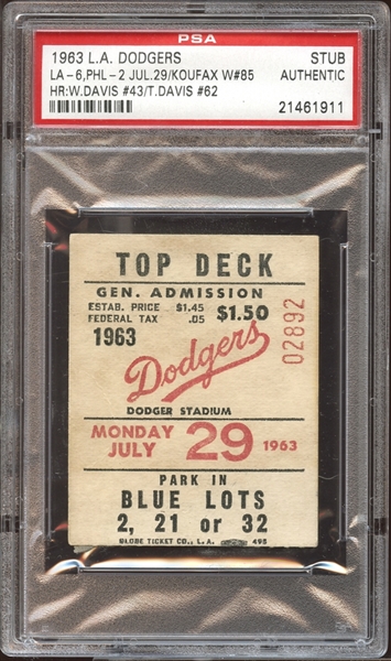 1963 Los Angeles Dodgers Ticket Stub Sandy Koufax Win #85 PSA AUTHENTIC
