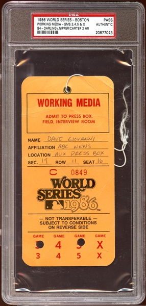 1986 World Series Working Media Press Pass PSA AUTHENTIC