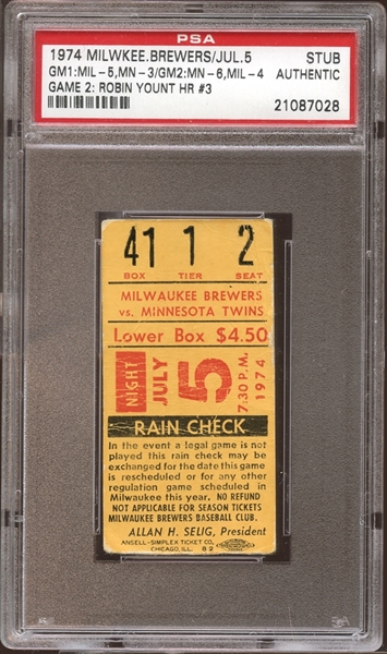1974 Milwaukee Brewers Ticket Stub Robin Yount Home Run #3 PSA AUTHENTIC