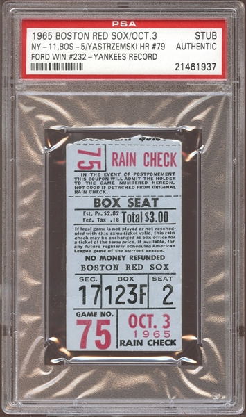 1965 Boston Red Sox Ticket Stub Whitey Ford Win #232 Yankees Record PSA AUTHENTIC