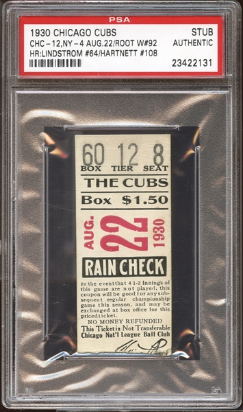 1930 Chicago Cubs Ticket Stub Fred Lindstrom (64) and Gabby Hartnett (108) Home Runs PSA AUTHENTIC