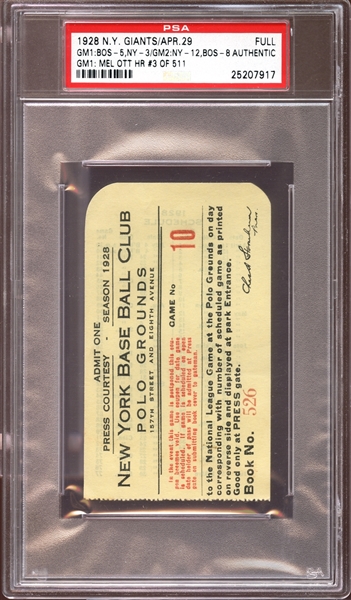 1928 New York Giants Full Ticket Mel Ott Home Run #3 PSA AUTHENTIC