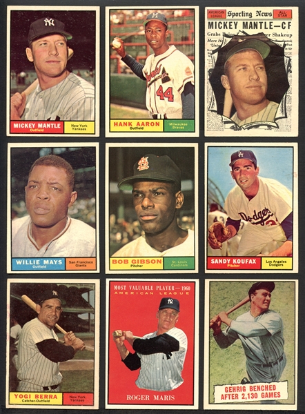 1961 Topps Baseball Group of Over (300) with Stars and HOFers Featuring Mantle, Aaron, Mays, Etc. 