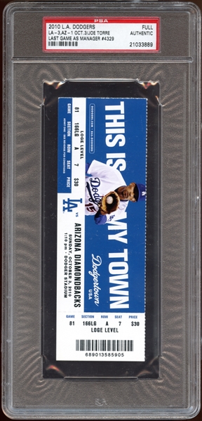 2010 Los Angeles Dodgers Full Ticket-Joe Torre Last Game as Manager PSA AUTHENTIC