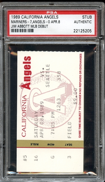 1989 California Angels Ticket Stub Jim Abbott Major League Debut PSA AUTHENTIC