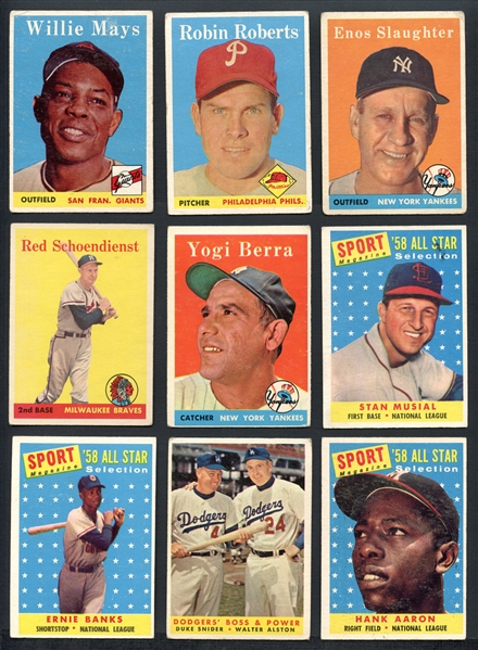 1958 Topps Baseball Partial Set (222/494) with Many Extras
