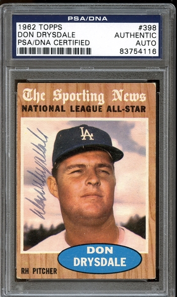 1962 Topps #398 Don Drysdale All Star Autographed PSA/DNA AUTHENTIC