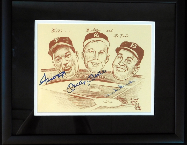 Willie Mays, Mickey Mantle and Duke Snider Signed Bill Gallo Sketch PSA/DNA