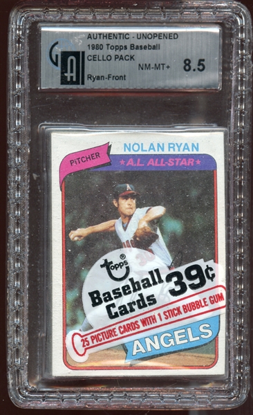 1980 Topps Baseball Unopened Cello Pack with Nolan Ryan on Front GAI 8.5 NM/MT+