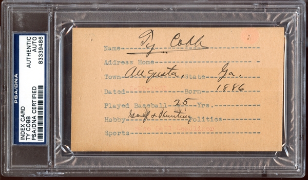 Ty Cobb Signed Index Card with Additional Handwriting PSA/DNA