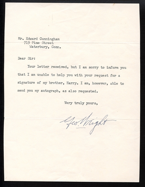 George Wright Signed Typed Letter Referencing his Brother Harry PSA/DNA 