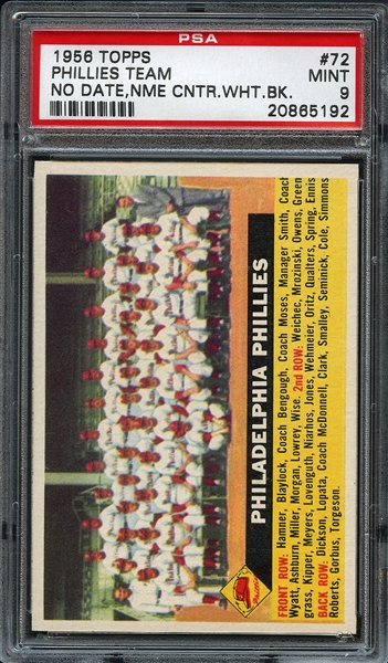 1956 Topps #72 Phillies Team No Date, Name Center, White Back PSA 9 MINT